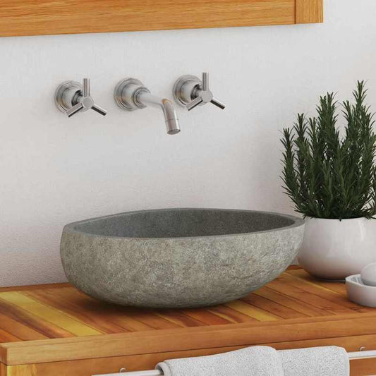 Ovale rivierstenen waskom – wasbak – wastafel – badkamerkom – natuursteen – afmetingen 29-38x24-31 cm – natuurlijk materiaal – stijlvol design