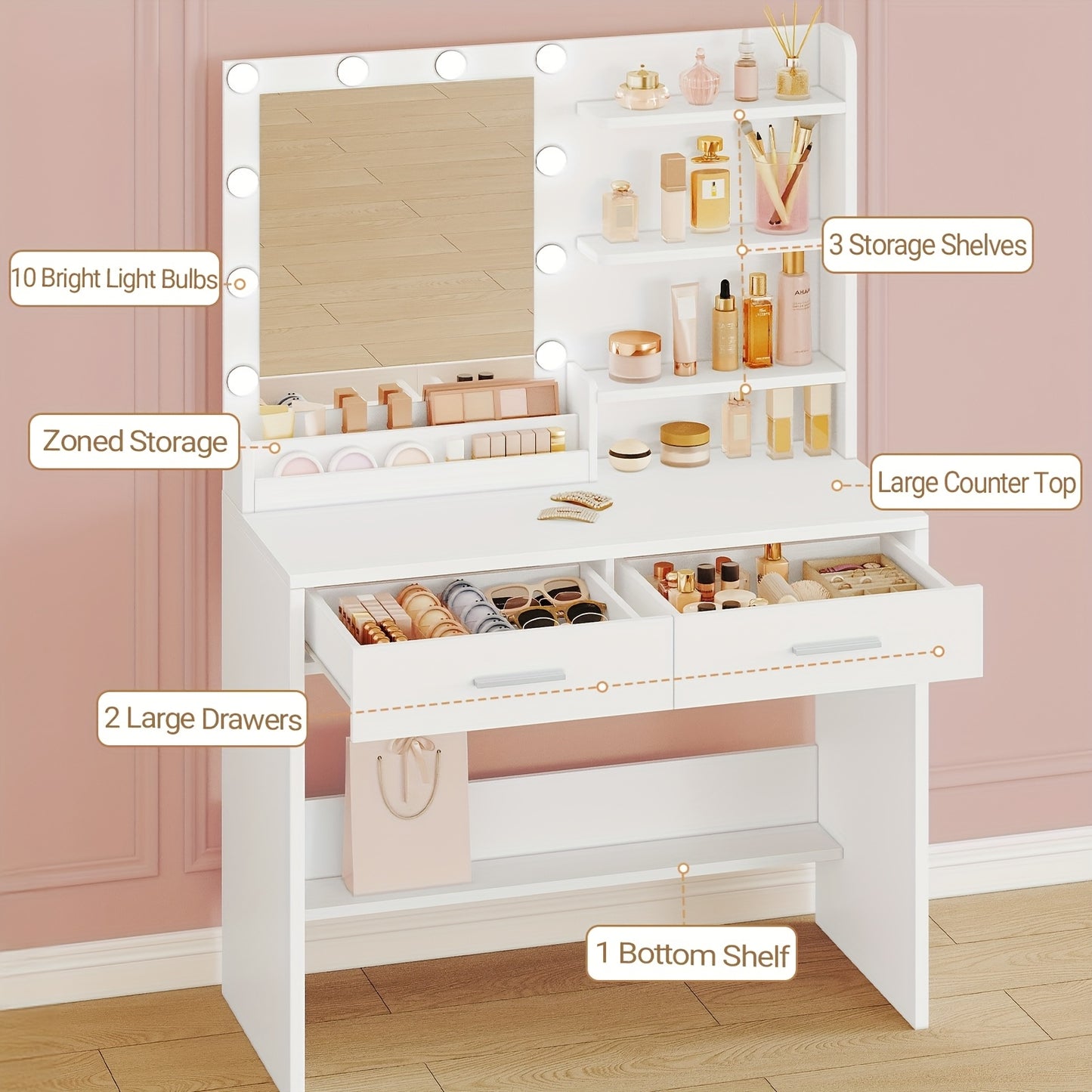 Dressing Table – Make-up Tafel – Vanity – Make-up Spiegel – Kaptafel – LED Verlichting – 90 cm Wit – 3 Helderheidsniveaus – 2 Laden & 4 Open Vakken