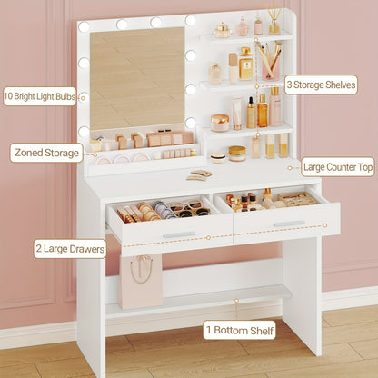Dressing Table – Make-up Tafel – Vanity – Make-up Spiegel – Kaptafel – LED Verlichting – 90 cm Wit – 3 Helderheidsniveaus – 2 Laden & 4 Open Vakken