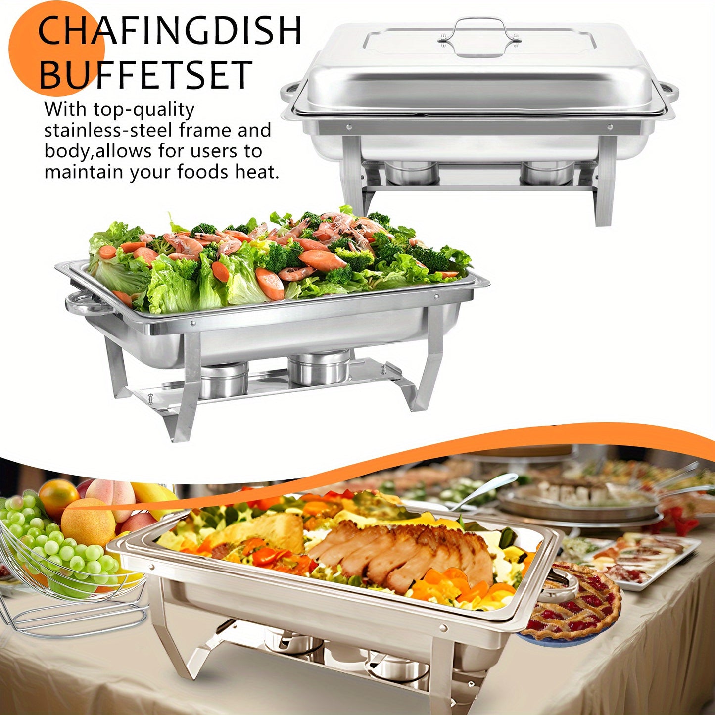 Cateringwarmer – Chafing Dish – Buffetset – Warmhoudschaal – Chafer – RVS – 4-delig – 8 Quart – Rechthoekig – Warmhoudfunctie Zonder Stroom