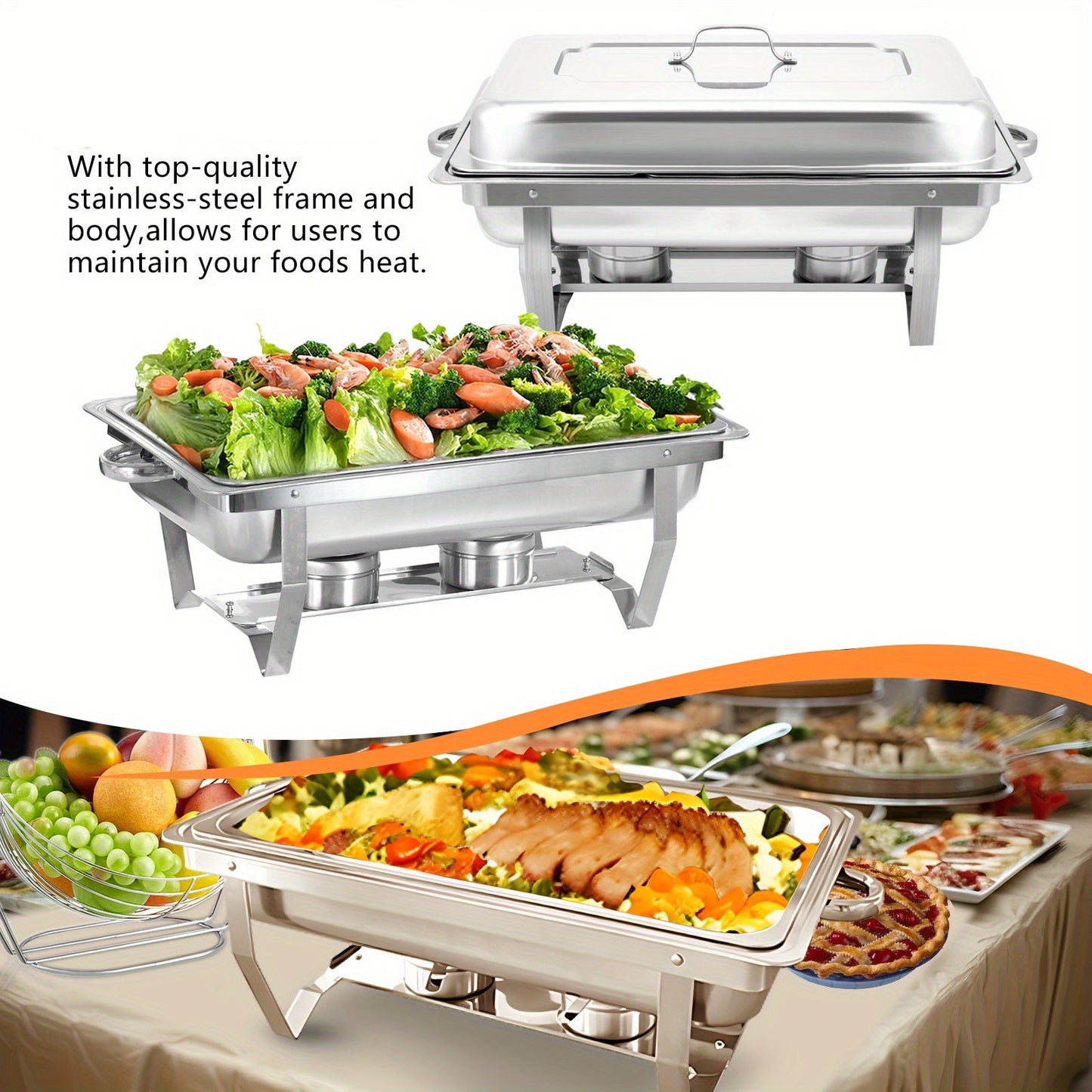 Warmhoudplaat – Buffetwarmer – Chafing Dish – Warmhoudschaal – Rechaud – 6-delig RVS Set – Roll-top Deksel – 7,5 Liter Inhoud