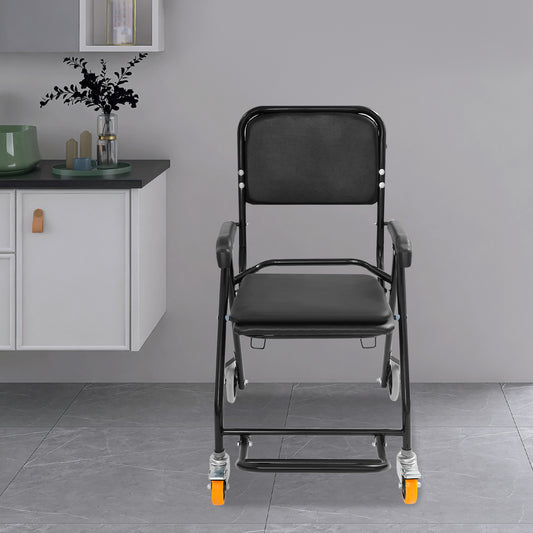 Douche Toiletstoel – Douchestoel – Badstoel – Mobiliteitsstoel – Toiletrolstoel – Verstelbaar in Hoogte – Met Remmen en Geïntegreerde Commode – Zwart