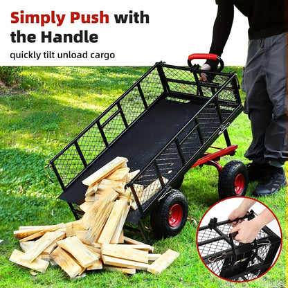 399.16 KG Capacity Heavy Duty Steel Garden Cart with 4 Removable Mesh Sides, 25.4cm All-Terrain Tires & 180° Rotating Handle - Foldable Utility Wagon with Steel Frame, 126.92cm Bed Length, Manual Operation for Lawn Care, Con