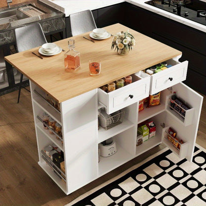 Keukeneiland – Keukenkast – Eilandwagen – Buffetkast – Dressoir – Met Verwijderbare Scheidingswanden – Houten Werkblad – Met Snackbarhouder en Wijnglasrek – Wit