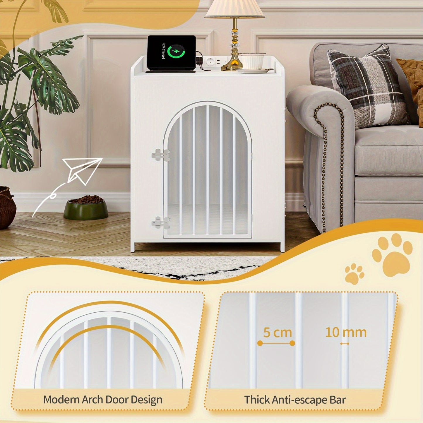 Hondenbench – Hondenkooi – Hondenhok – Hondenren – Dierenbench – Wit – Met USB Poorten En Stopcontacten – 2 Deuren Met Boogvormige Toegang – Geschikt Voor Middelgrote En Kleine Honden – 63x90x79 cm