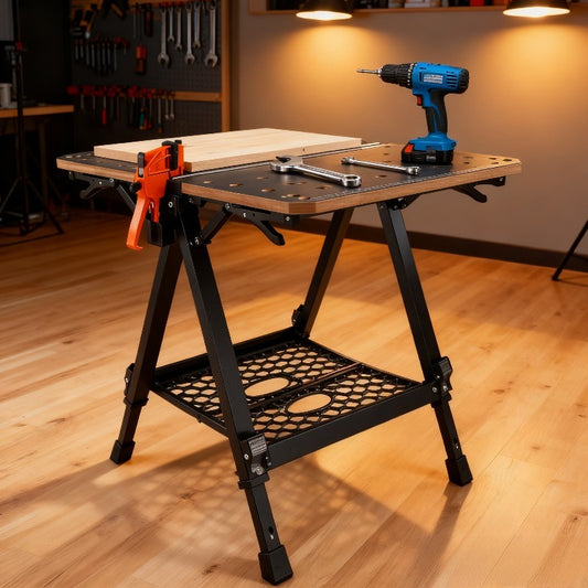 Heavy-Duty Folding Workbench with Large Table - 70x65cm MDF Tabletop & Q195 Steel Frame, Adjustable Height (60-92cm) - Heavyweight Capacity Suitable for Sawing, Sanding,, Workbench for Workshop,,