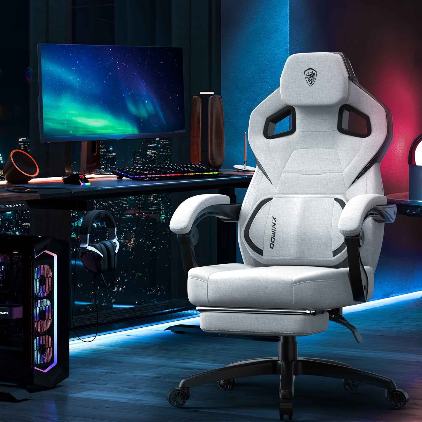 Ergonomische Gamingstoel – Bureaustoel – Gamelchair – Racestoel – Comfortstoel – Verstelbare Hoofdsteun & Lendensteun – Uitschuifbare Voetensteun & Rocking Functie – Witgrijze Stof – Max 136 kg Belastbaar