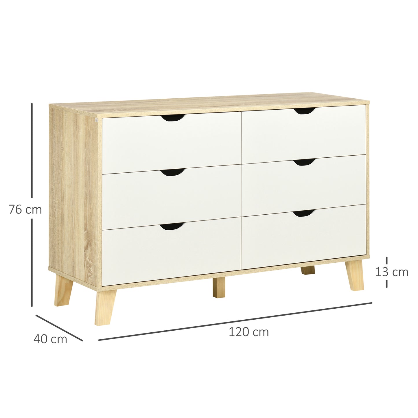 Ladekast – Commode – Opbergkast – Dressoir – Scandinavische Stijl – Wit Met Houten Poten – 6 Ruime Laden – Compact Formaat 120x40x76 cm