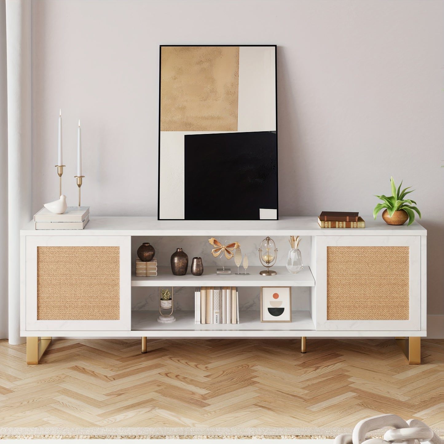 Tv Meubel – TV Kast – TV Meubelkast – TV Dressoir – Entertainment Center – Wit Met Rattan – Geschikt Voor TV Tot 165 cm – Verstelbare Planken