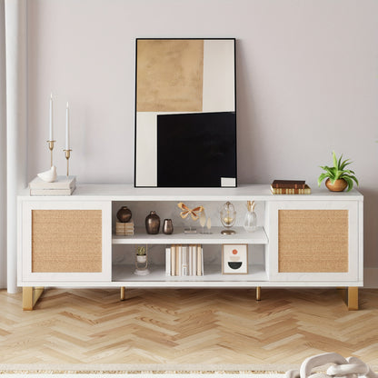 Tv Meubel – TV Kast – TV Meubelkast – TV Dressoir – Entertainment Center – Wit Met Rattan – Geschikt Voor TV Tot 165 cm – Verstelbare Planken
