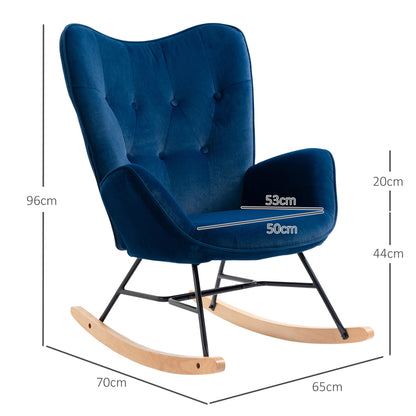 Schommelstoel – Wiegstoel – Relaxstoel – Lounge Stoel – Zitstoel – Velvet Bekleding – Houten Frame – Draaggewicht 150 Kg – Diepblauw Design