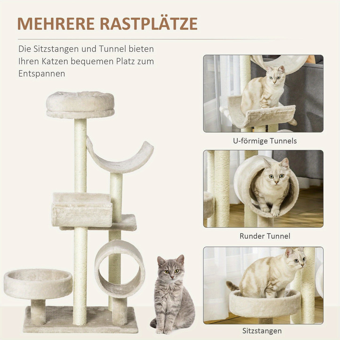 Kattenkrabpaal – Krabmeubel – Klimeiland – Kattenboom – Kattenhuis – Beige Kleur – Duurzaam Sisal – Pluche Comfort
