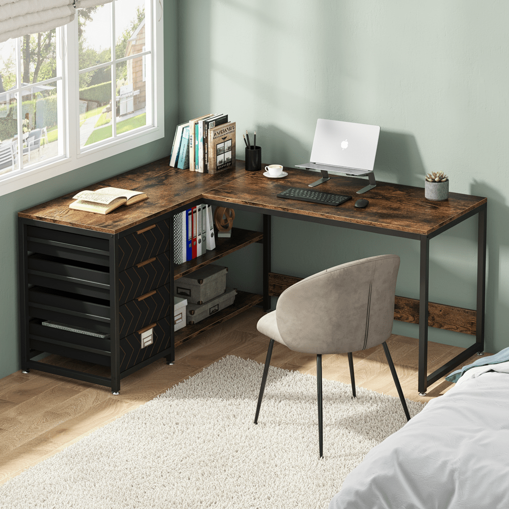 Groot L-vormig Bureau – Hoekbureau – Computertafel – Werkplek – Bureau met Opberglades – Stevig Fiberboard – Wisselbare Hoekopstelling – Bruin Modern Design