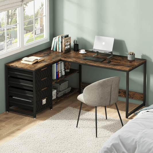 Groot L-vormig Bureau – Hoekbureau – Computertafel – Werkplek – Bureau met Opberglades – Stevig Fiberboard – Wisselbare Hoekopstelling – Bruin Modern Design