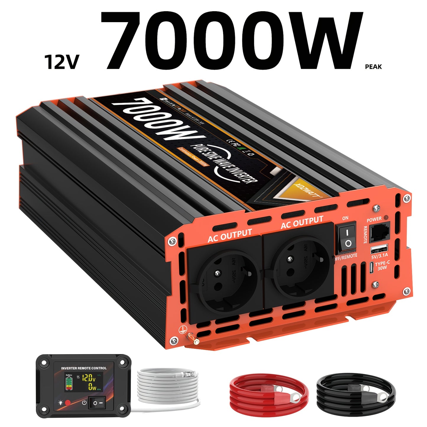Omvormer 12V naar 230V – Stroomomzetter – Wechselrichter – Spanningsomzetter – Power Inverter – 7000W Piekvermogen – Pure Sinusgolf Uitgang