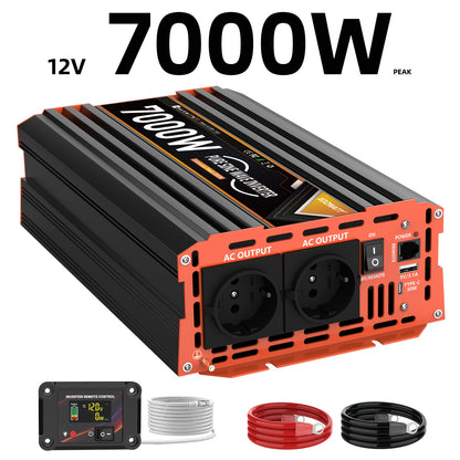 Omvormer 12V naar 230V – Stroomomzetter – Wechselrichter – Spanningsomzetter – Power Inverter – 7000W Piekvermogen – Pure Sinusgolf Uitgang
