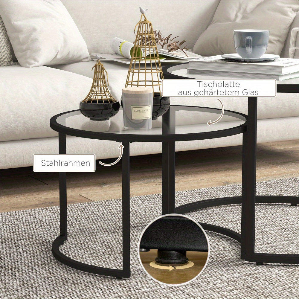 Salontafel – Koffietafel – Bijzettafel – Lounge Tafel – Nestbare Tafel – Zwart Staal Frame – Tempered Glasblad – Set van 2