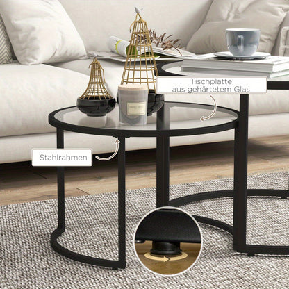 Salontafel – Koffietafel – Bijzettafel – Lounge Tafel – Nestbare Tafel – Zwart Staal Frame – Tempered Glasblad – Set van 2