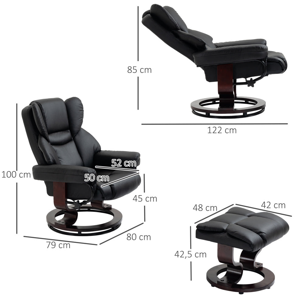 Relaxstoel – Fauteuil – Kuipstoel – Loungechair – Draaistoel – 360° Draaibaar – Handmatig Verstelbare Rugleuning tot 145° – Zwart Kunstleer met Voetsteun – Stevige Metalen Basis