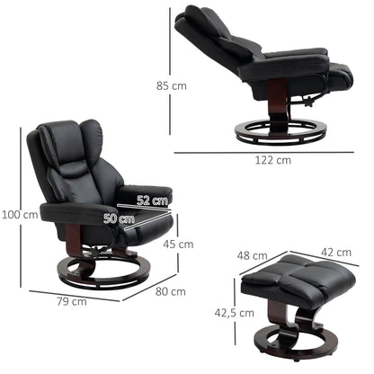 Relaxstoel – Fauteuil – Kuipstoel – Loungechair – Draaistoel – 360° Draaibaar – Handmatig Verstelbare Rugleuning tot 145° – Zwart Kunstleer met Voetsteun – Stevige Metalen Basis