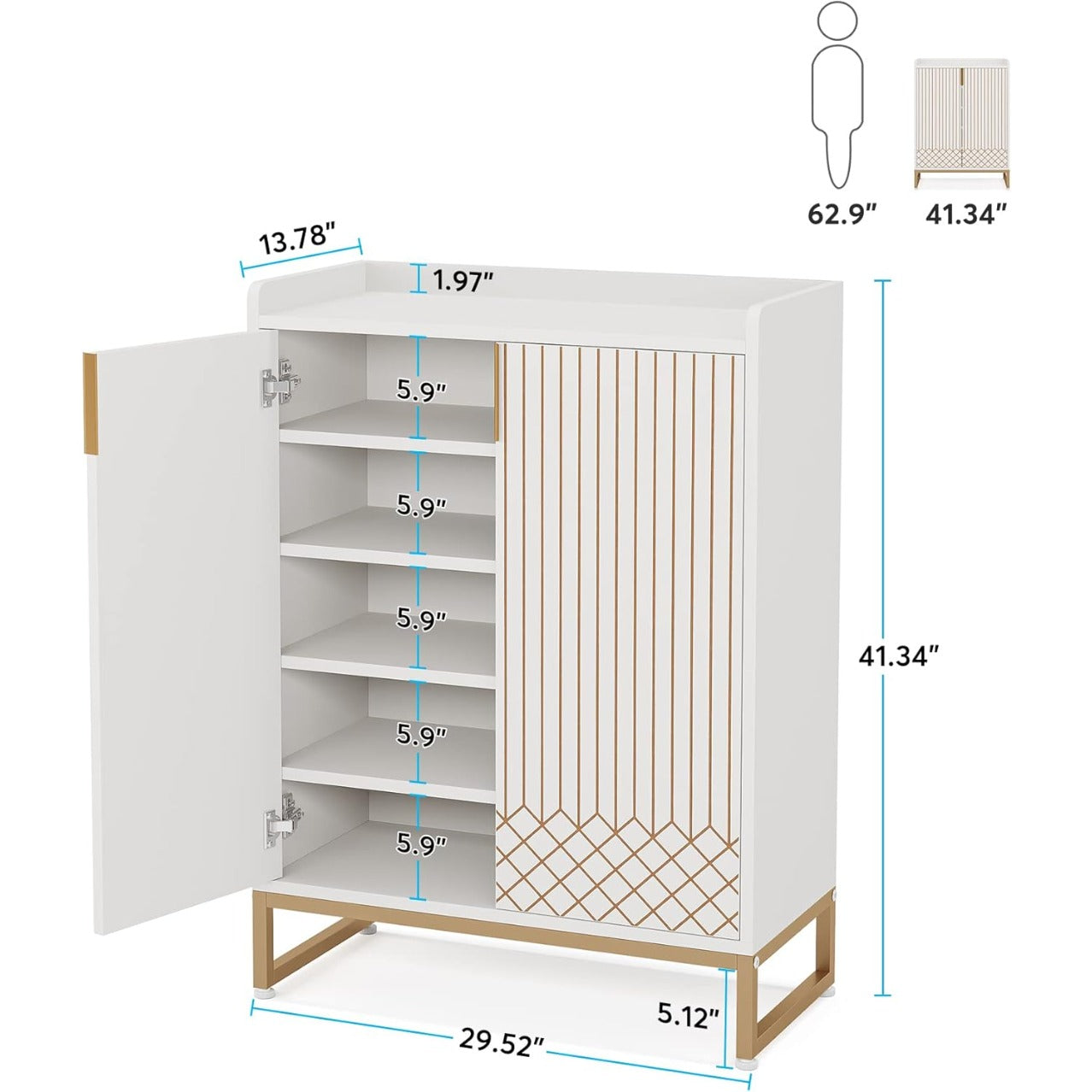 Schoenenkast – Schoenenrek – Schoenopberger – Schoenentoren – Schoenenkast Smal – Wit Met Gouden Metaal – 25 Paar Capaciteit – Modern Design