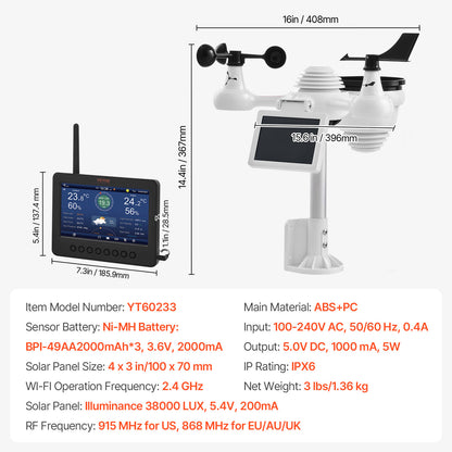 Weerstation – Weerstation Draadloos – Weerstation Met Sensor – Weerstation Tuin – Weerstation Buiten – 7-In-1 Sensor – 7 Inch TFT Display