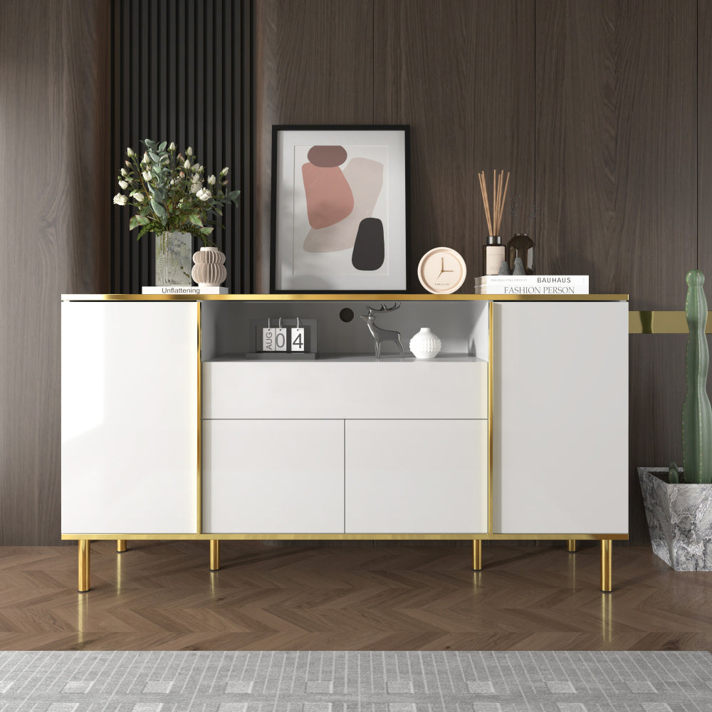 Dressoir – Sideboard – Kast – Opbergmeubel – Ladekast – Hoogglans Wit Met Gouden Accenten – 4 Deuren En 1 Lade – Ruime Opbergruimte – Compact Formaat 59x31x75 cm