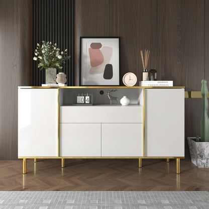 Dressoir – Sideboard – Kast – Opbergmeubel – Ladekast – Hoogglans Wit Met Gouden Accenten – 4 Deuren En 1 Lade – Ruime Opbergruimte – Compact Formaat 59x31x75 cm