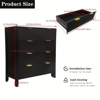 Ladekast – Commode – Kast – Dressoir – Ladeblok – Zwart – 4 Ruime Lades – Duurzaam MDF Met Metaal