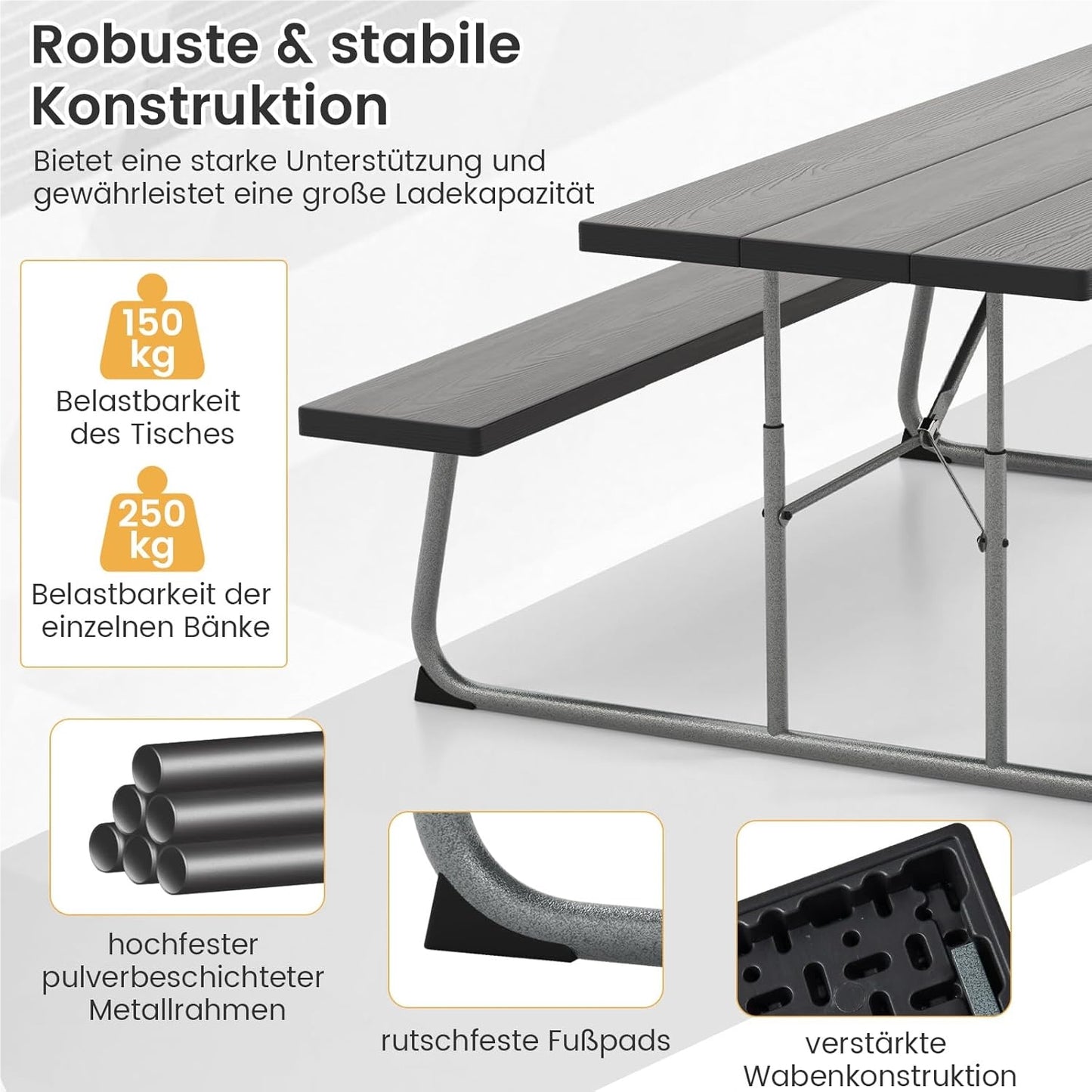 Vouwbare Bierbank – Bier Tent Set – Picknicktafel – Tuinbank – Feesttafel – Zwart – Houtlook HDPE Blad – Inclusief Parasolgat