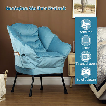 Blauwe Accentstoel – Moderne Fauteuil – Gestoffeerde Stoel – Design Zitmeubel – Opbergruimte Stoel – Gestoffeerd Zitvlak – Stevige Stalen Poten