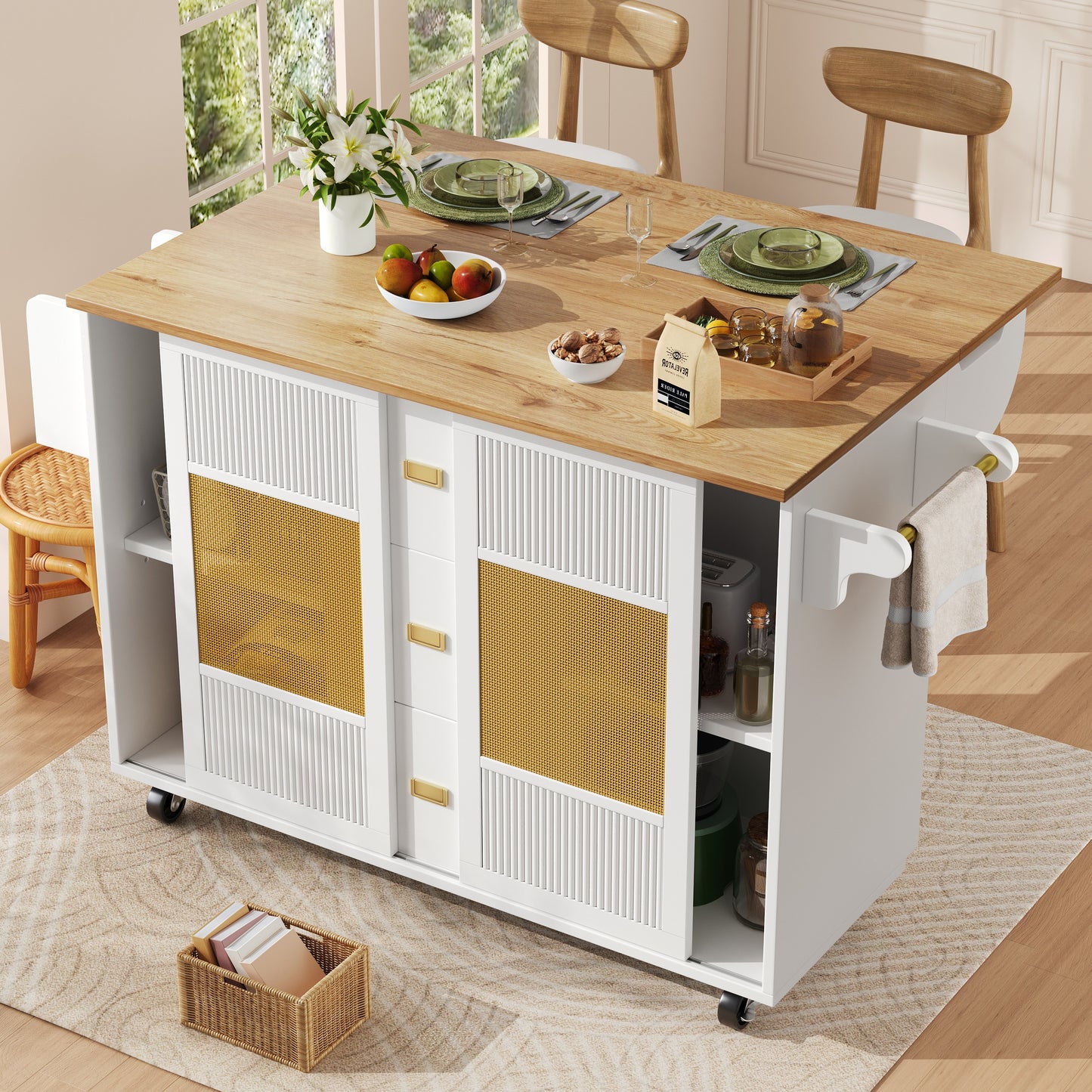 Keukenkar – Keukenwagen – Keukentrolley – Keukenmeubel – Keukenbuffet – Uitklapbaar Werkblad – Rattan Deuren Wit 146,85×42/70×90 cm