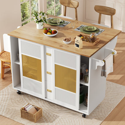 Keukenkar – Keukenwagen – Keukentrolley – Keukenmeubel – Keukenbuffet – Uitklapbaar Werkblad – Rattan Deuren Wit 146,85×42/70×90 cm