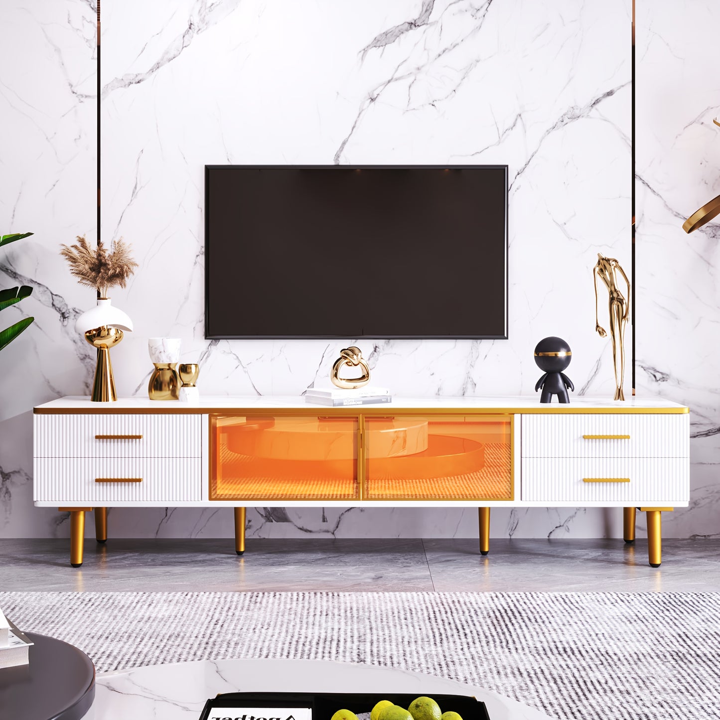 tv-meubel – tv-kast – tv-dressoir – televisie meubel – media meubel – wit met marmerlook – 4 lades – duurzaam niet-hout materiaal – 170x37x47,5 cm – gouden details