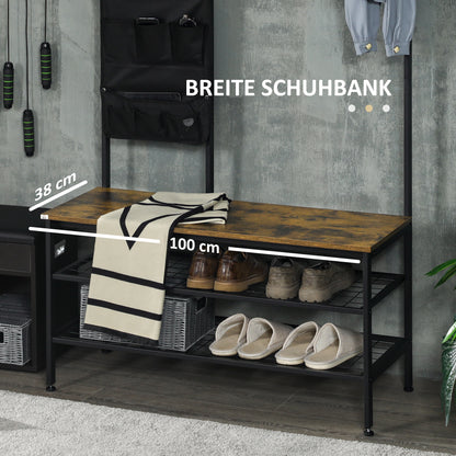 Kapstok – Garderobe – Kledingrek – Wandkapstok – Staande Kapstok – Industrieel Design – 9 Haken – Zitbank Met Schoenenrek – Zwart Bruin – Hout Metaal – 185 cm Hoog