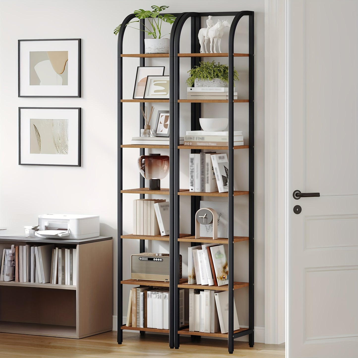 Boekenkast – Boekenrek – Vakkenkast – Opbergkast – Stellingkast – 7-laags vrijstaand – Industrieel vintage bruin en zwart – Slim smal design – Stevig metalen frame