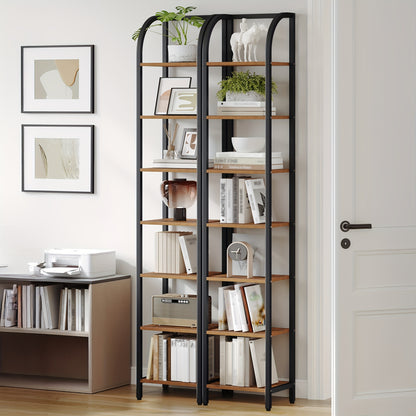 Boekenkast – Boekenrek – Vakkenkast – Opbergkast – Stellingkast – 7-laags vrijstaand – Industrieel vintage bruin en zwart – Slim smal design – Stevig metalen frame
