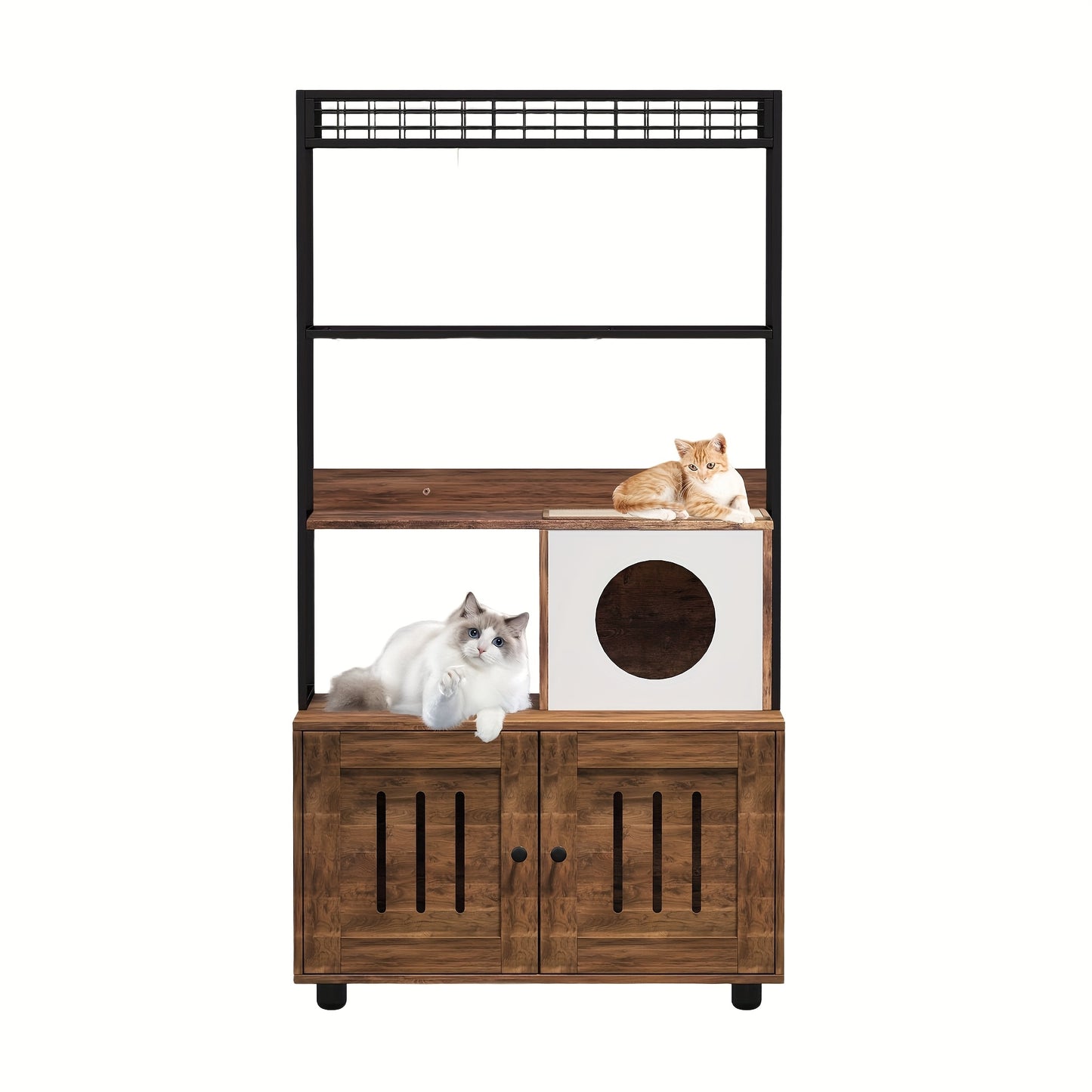 Kattenmeubel – Kattenbakmeubel – Kattenhuis – Kattencondo – Kattenkast – Massief Hout & Metaal – Verborgen Kattenbak & Opbergruimte – Bruin Retro