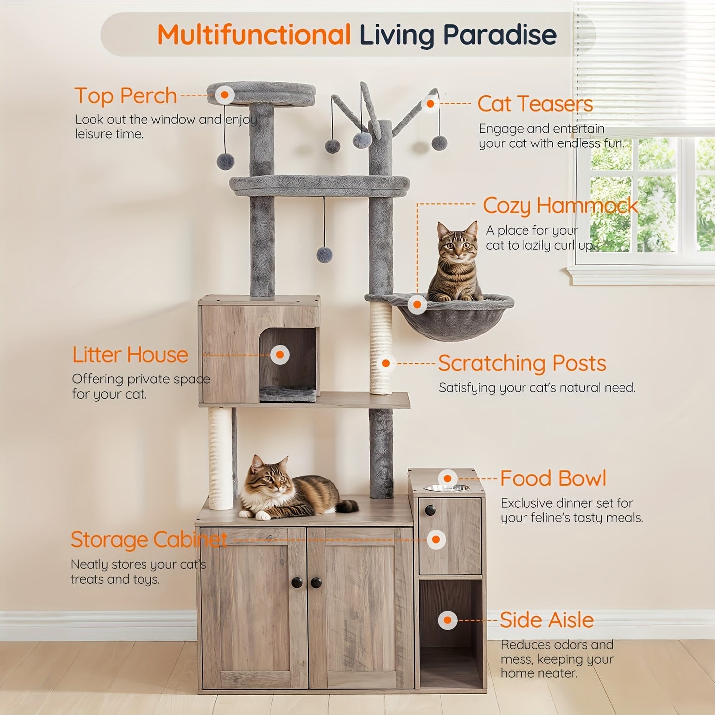 Krabpaal – Kattenboom – Kattenhuis – Krabmeubel – Kattentoren – 175 cm Hoog – Verborgen Kattenbak & Hangmat – Ruimtebesparend Design