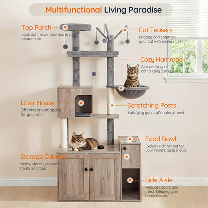 Krabpaal – Kattenboom – Kattenhuis – Krabmeubel – Kattentoren – 175 cm Hoog – Verborgen Kattenbak & Hangmat – Ruimtebesparend Design