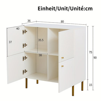 Dressoir – Opbergkast – Sideboard – Kast – Buffetkast – Wit met Gouden Accenten – 4 Deuren met Ruime Binnenkant – Duurzaam Bamboe, Vrijstaand & Eenvoudige Montage