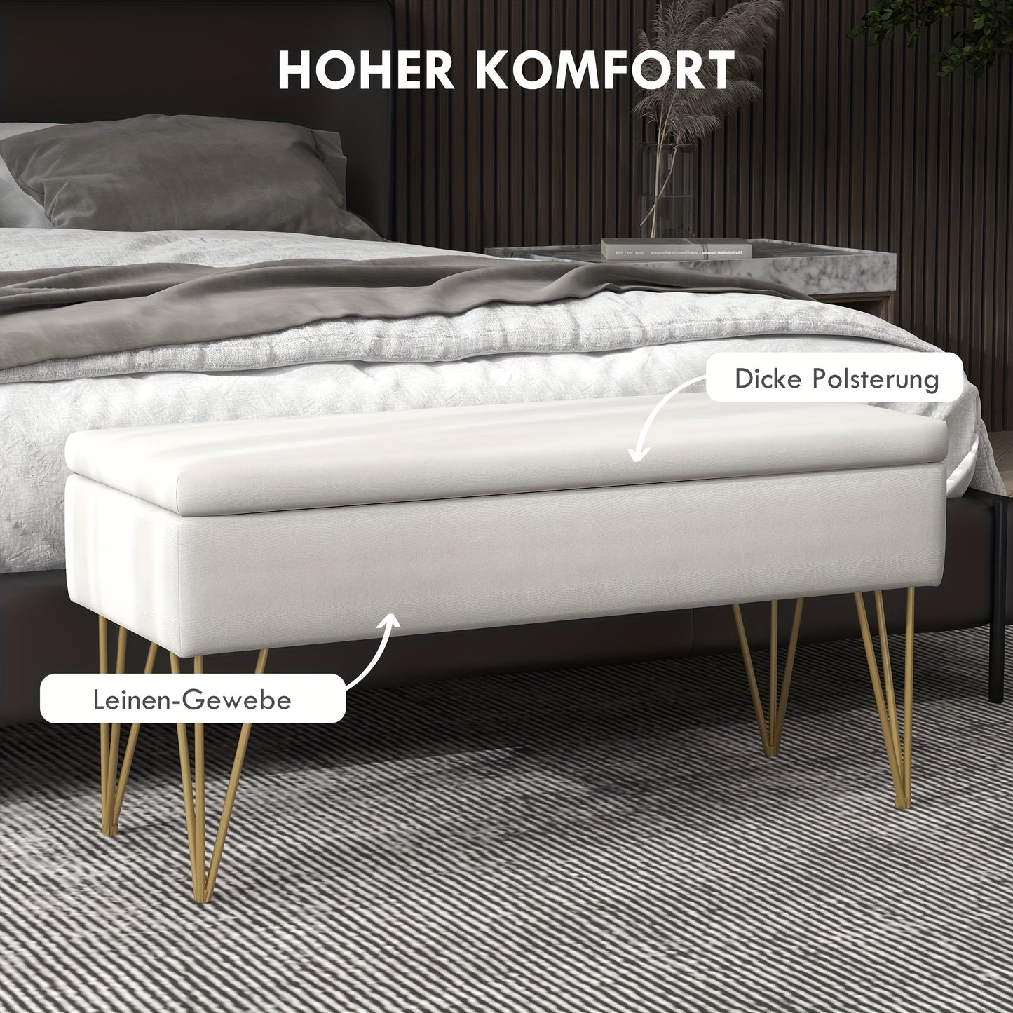 Opbergbank – Opbergbench – Slaapkamerbank – Poef – Zitbank – Linnenlook Bekleding – Stevig Metalen Frame – 100 x 40 x 49 cm – Crèmekleur