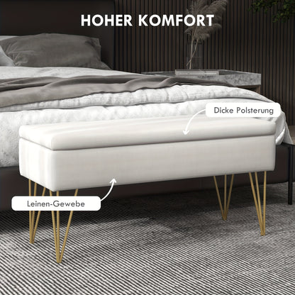 Opbergbank – Opbergbench – Slaapkamerbank – Poef – Zitbank – Linnenlook Bekleding – Stevig Metalen Frame – 100 x 40 x 49 cm – Crèmekleur
