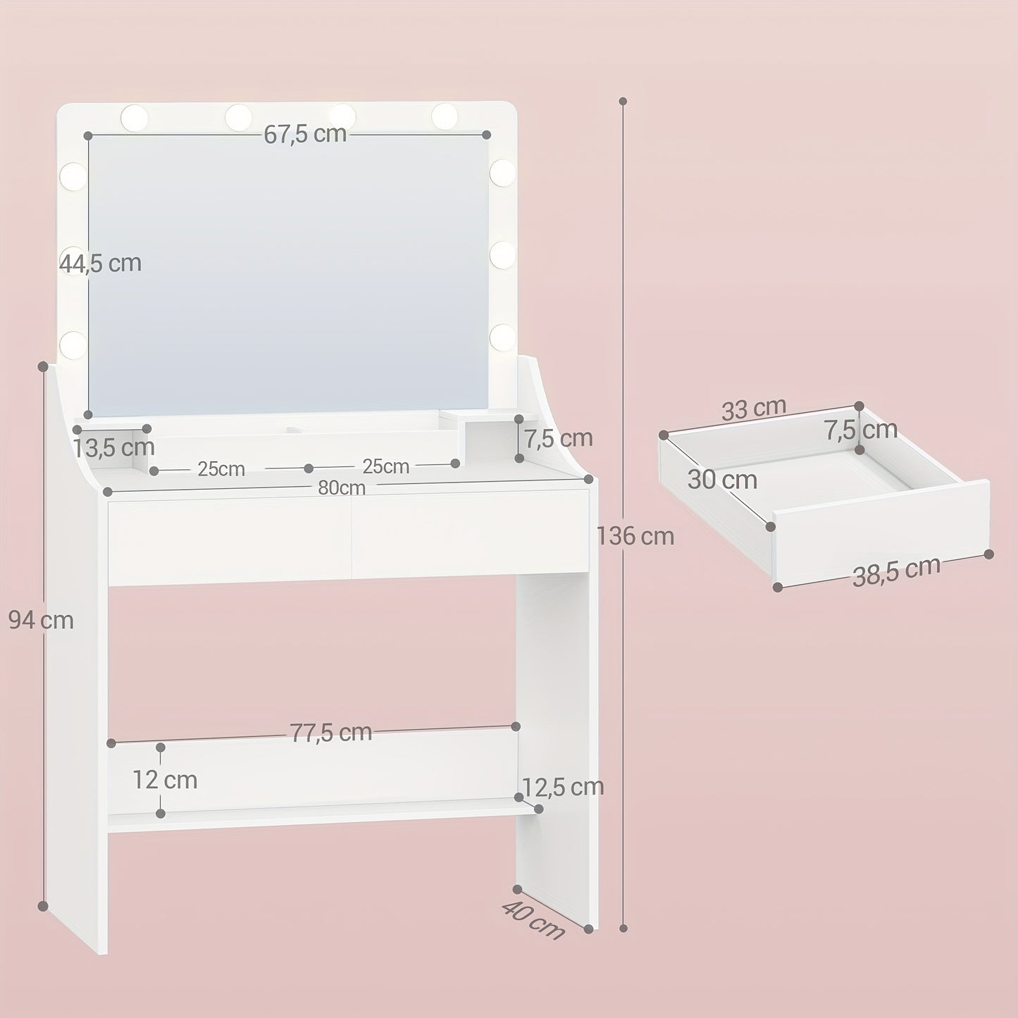 Kaptafel – Make-uptafel – Vanity – Schminktafel – Toilettafel – Wit – Grote Spiegel Met LED-verlichting – 3 Lades & Opbergruimtes