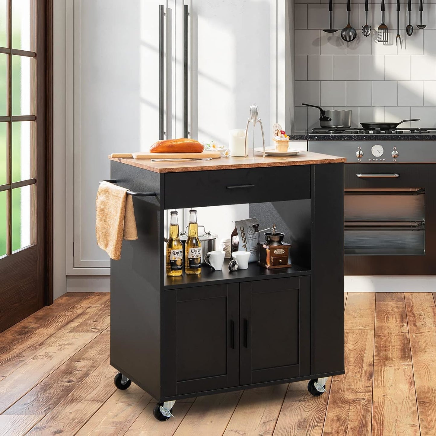 Keukenwagen – Keukentrolley – Serveerwagen – Keukeneiland – Opbergwagen – MDF Hout – 80x46x92 cm – Mobiel met 4 Wielen en 3 Kruidenrekken - Zwart