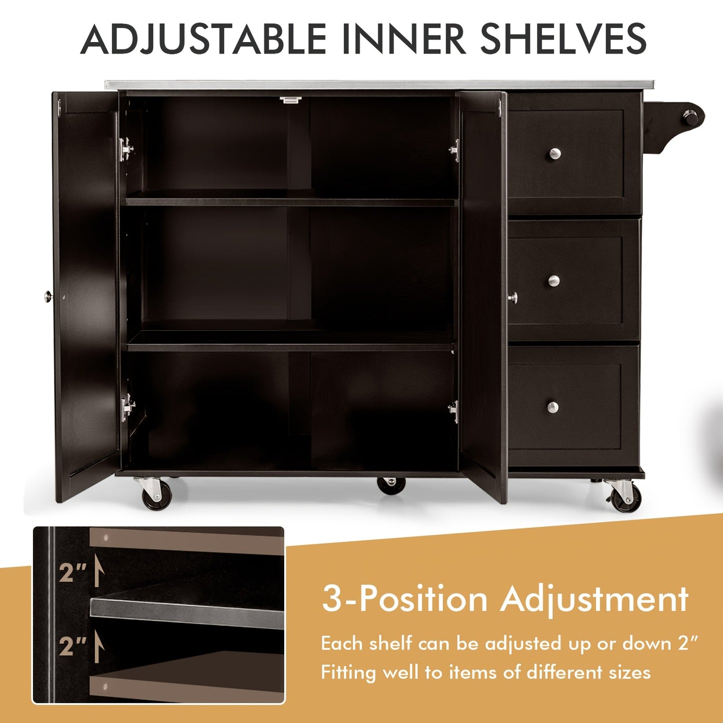 GOFLAME Stainless Steel Kitchen Cart with 3 Drawers & Adjustable Shelf - Mobile Rolling Island Cart on Wheels, Dark Brown, Sturdy MDF Hardwood Construction, Easy Assembly, Space-Saving Design for Modern Kitchens, Kitchen Cart