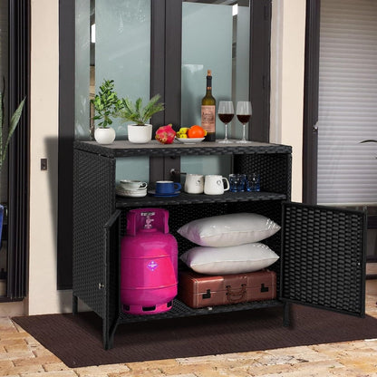 Wicker Opbergkast Buiten – Buitenmeubel – Tuinkast – Bar Tafel – Opbergtkast – Weerbestendig Wicker – Compact Design – Praktische Plank – Grijs