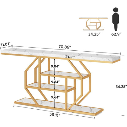 Sidetable – Consoletafel – Haltafel – Wandtafel – Bijzettafel – Extra Lang 180 cm – Wit Marmerlook Met Gouden Metalen Frame
