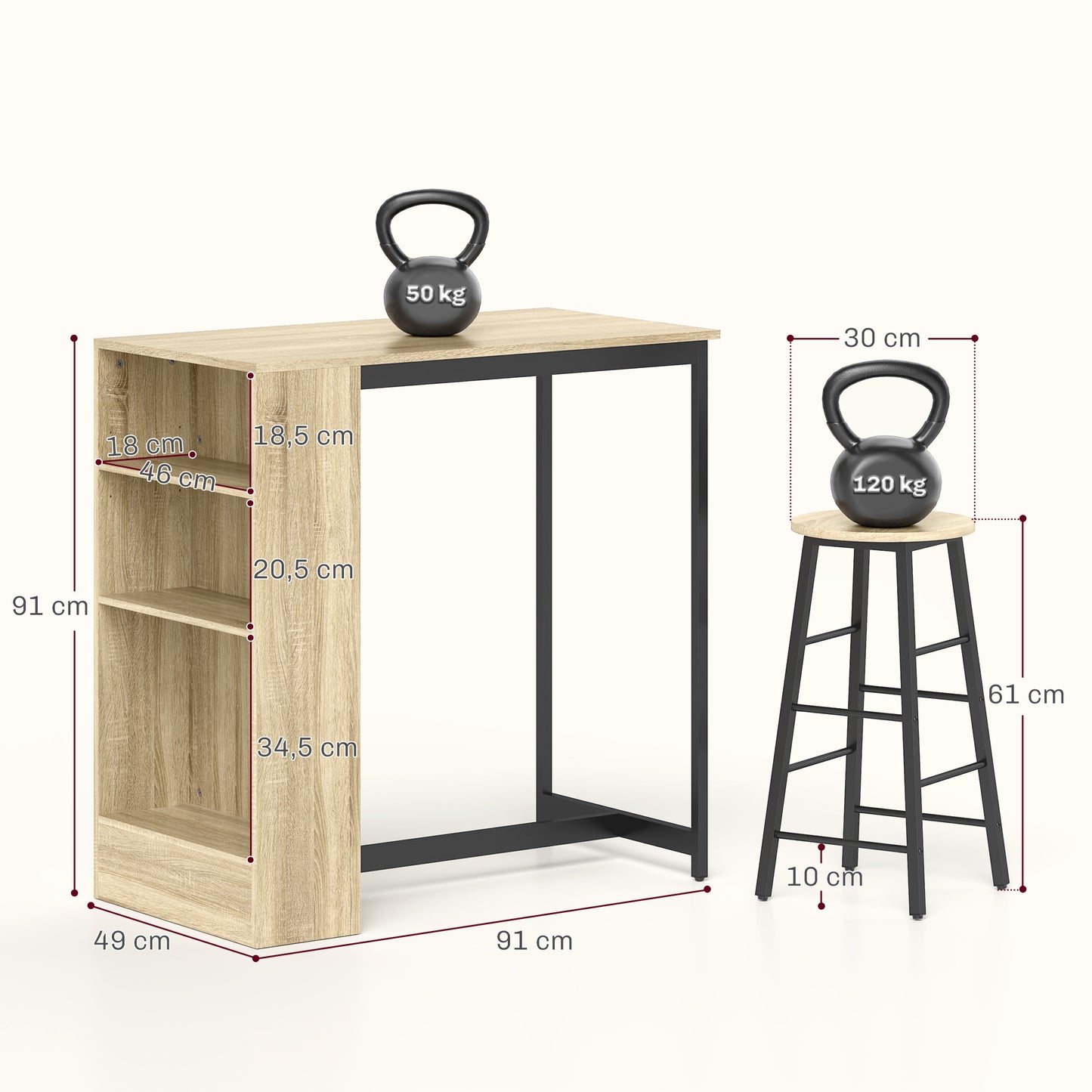Bartafelset – Barkrukken – Barmeubel – Bartafel – Barstoel – Compact Ontwerp – Opbergruimte – Lichtbruin Zwart Eikenhout