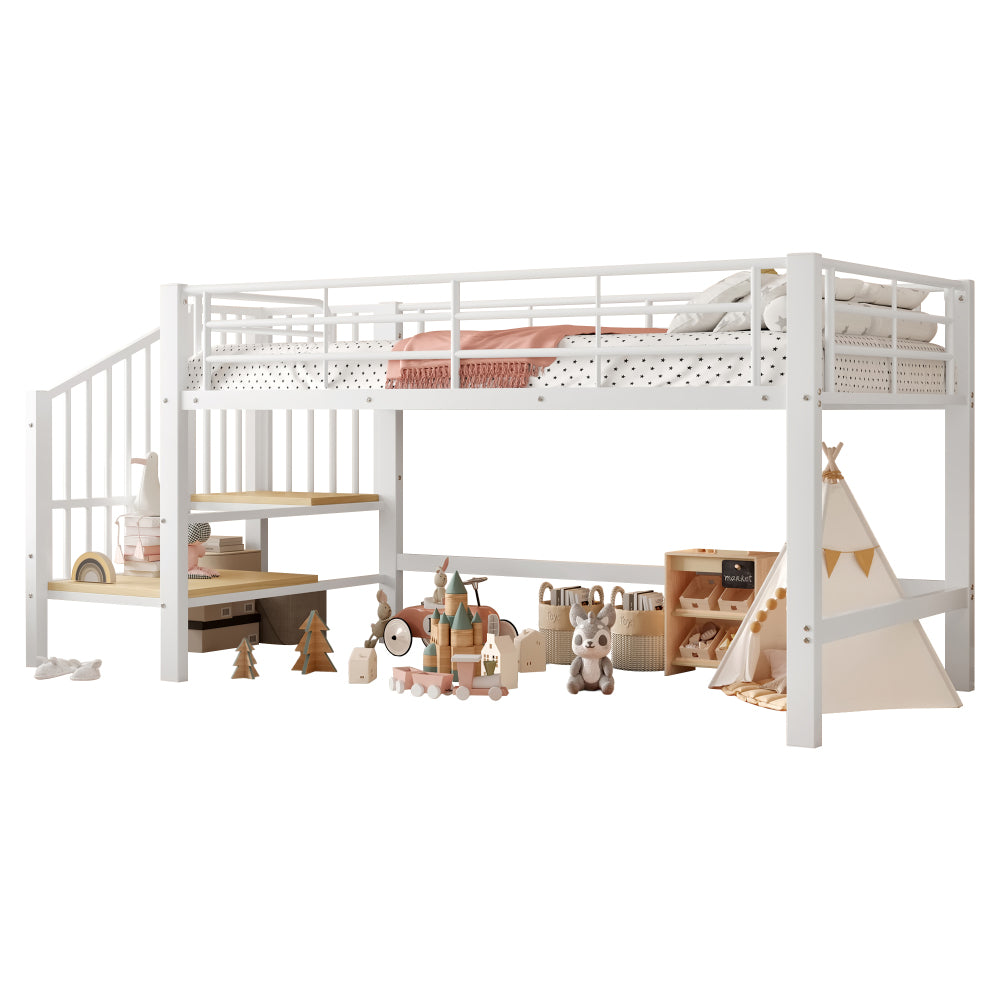 Hoogslaper – Kinderbed – Eenpersoonsbed – Hoogbed – Stapelbed – Wit – 90x200 cm – Ruimtebesparend Design – Opbergtreden Zonder Hout